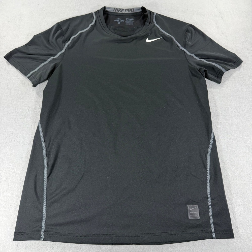 Nike Pro Mens Dri-FIT Fitted Training Shirt Black Grey Stitching Large L